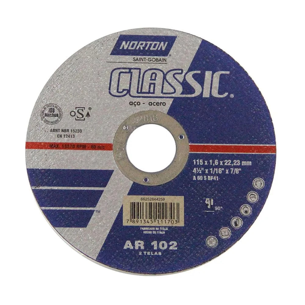 Disco de Corte Fino para Metais Norton Classic 114,3x22,2x1,6mm AR302 Disco de corte fino para metais 114,3x22,2x1,6mm Classic AR302 Norton
