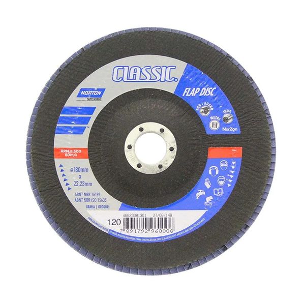 Disco de Desbaste Flap Norton 180x22mm Grão 120 para Metais Disco de desbaste para metais 180x22mm grão 120 preto Norton