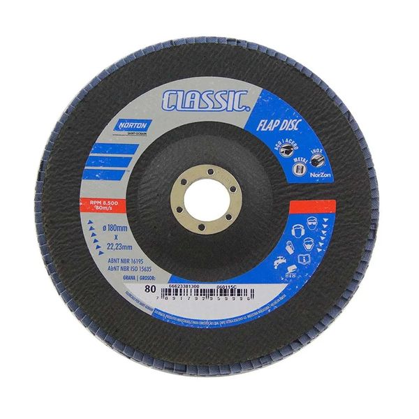 Disco Flap para Metais Norton 180x22mm Grão 80 Disco de desbaste para metais 180x22mm grão 80 preto Norton