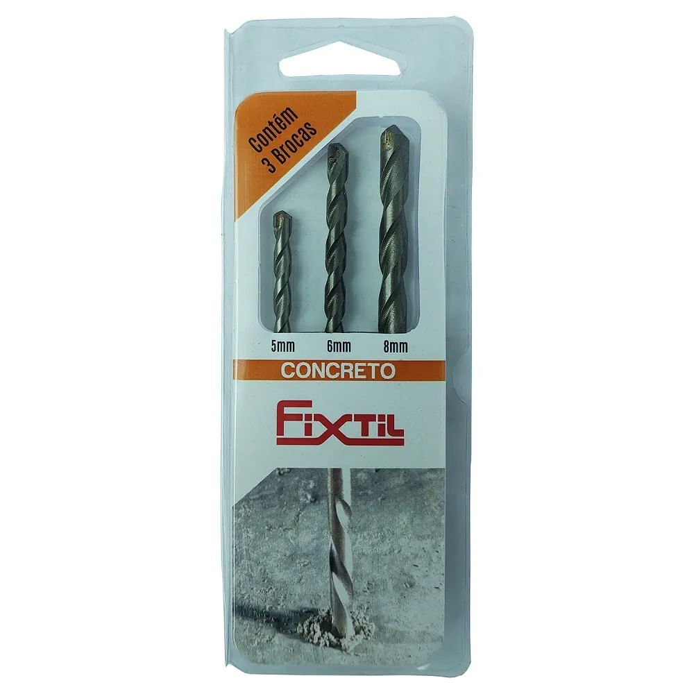 Kit de Brocas com Vídea para Concreto Fixtil 3 Peças 5mm, 6mm e 8mm Kit Broca Com Vídea 3 Peças Para Concreto Bco10 Fixtil