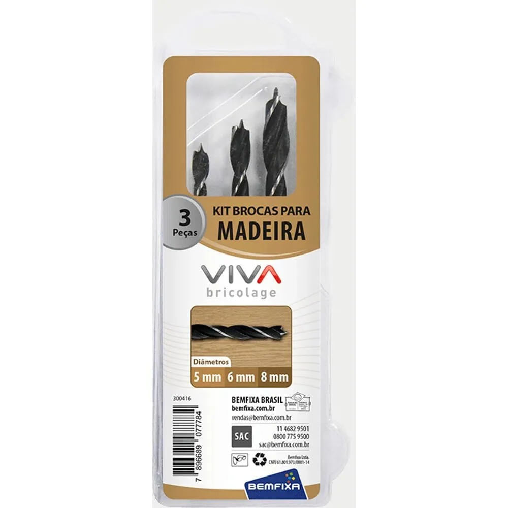 Kit de Brocas para Madeira 3 Pontas 3 Peças 5mm, 6mm e 8mm Fixtil Kit Broca 3 Peças Para Madeira 3 Pontas Bma10 Fixtil