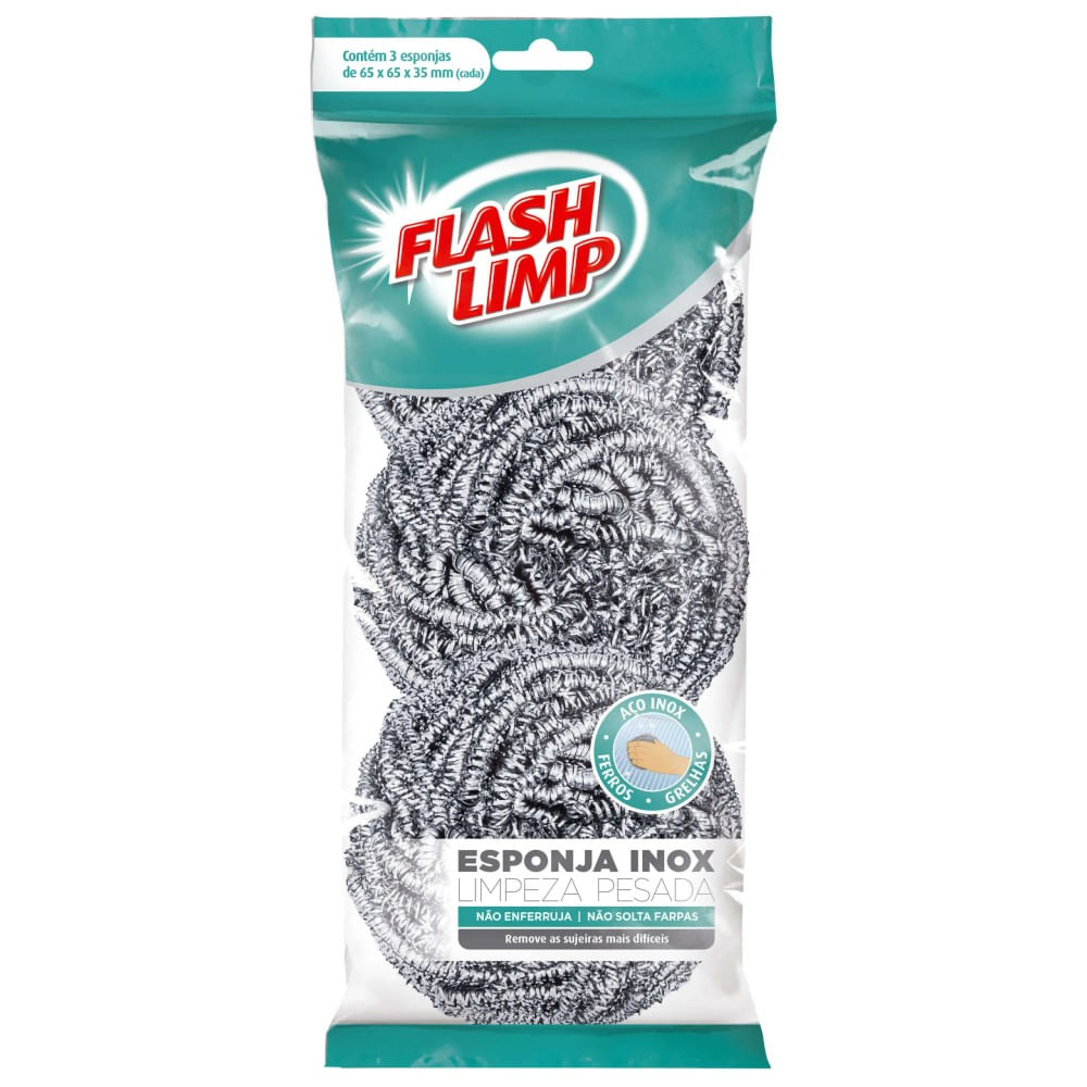 Esponja de Limpeza Pesada em Aço Inox Flash Limp com 3 Peças Esponja Limpeza Pesada Inox 3 peças Flash Limp