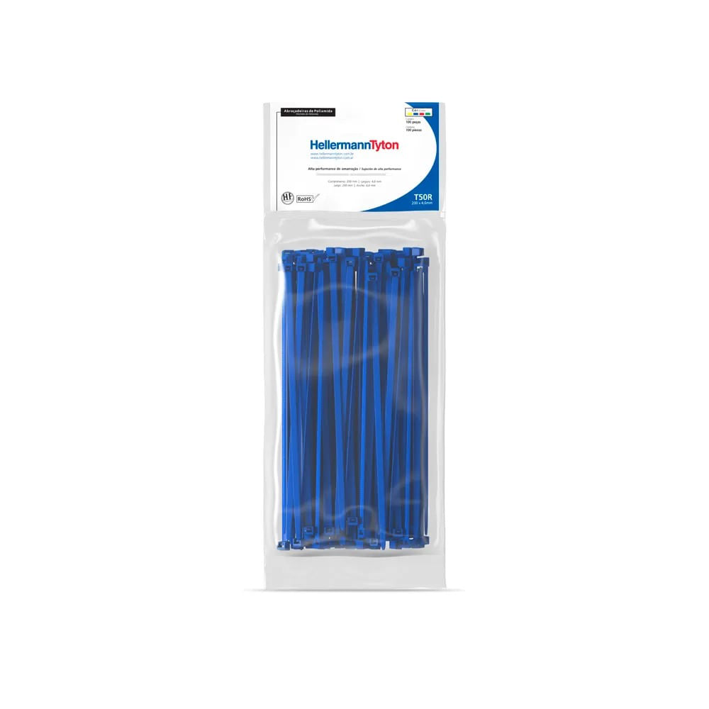 Abraçadeira de Nylon T50R 200x4,6mm Azul HellermannTyton - 100 Unidades Abracadeira Nylon T50R 200X4,6mm 100un Azul Hellermanntyton
