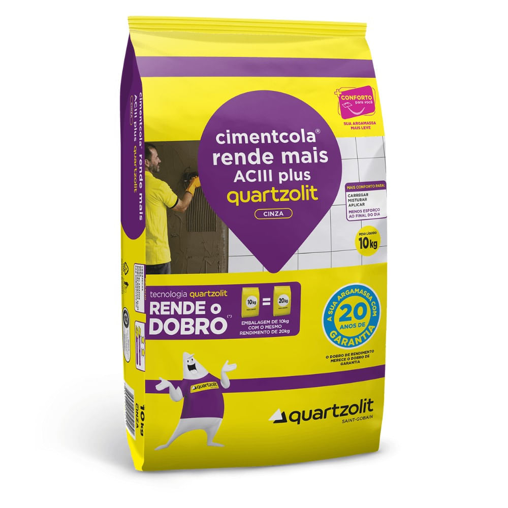 Argamassa AC3 Rende Mais Plus Quartzolit 10kg Cinza Argamassa Ac3 Rende Mais Plus 10Kg Quartzolit