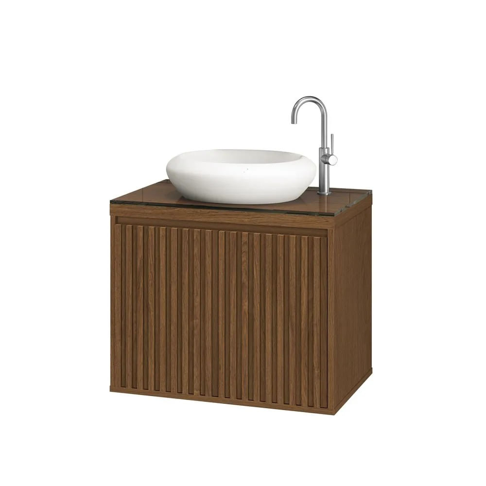 Gabinete para Banheiro 60cm Ripado com Tampo de Vidro Freijó Astral Design Gabinete Ripado 60 Com Tampo De Vidro Freijó Astral Design
