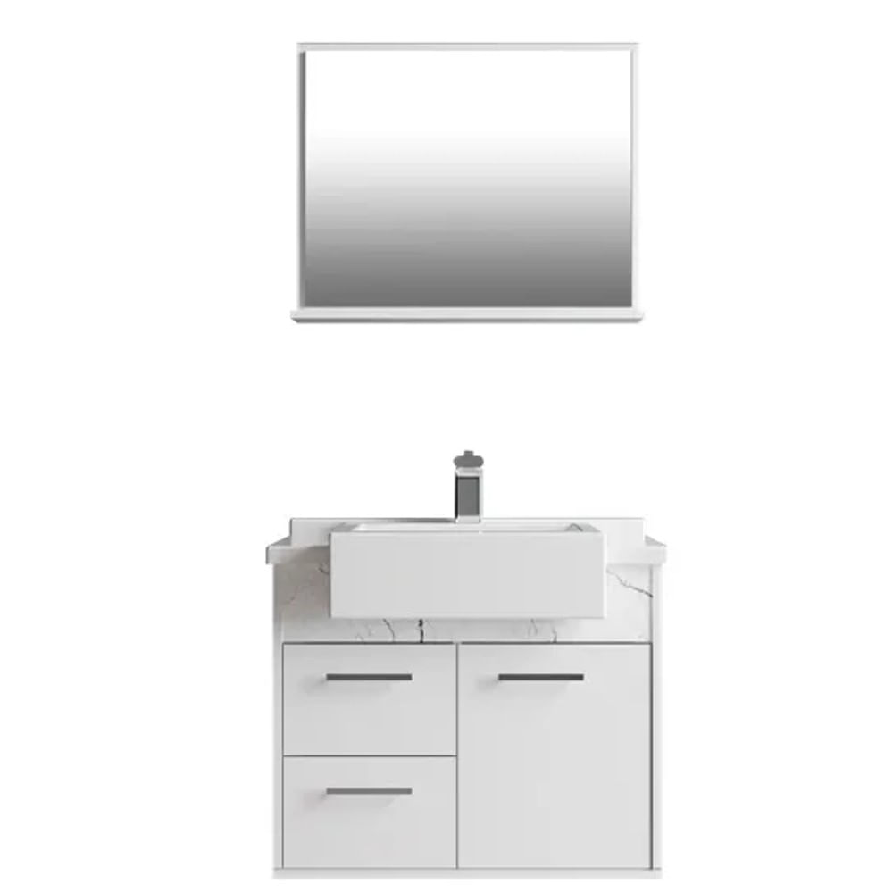 Conjunto Gabinete para Banheiro Gracux 56cm com Cuba e Espelheira Cerocha Branco Marmorizado Conjunto Gabinete Para Banheiro Gracux 56Cm Branco Marmorizado Branco Cerocha