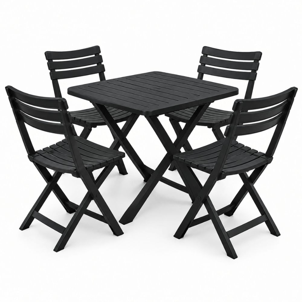 Conjunto de Mesa Plástica Dobrável Quadrada com 4 Cadeiras de Plástico Preta Arqplast