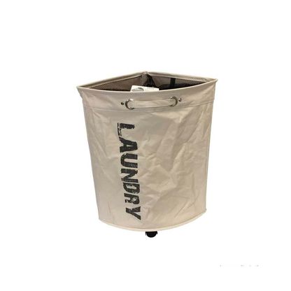 Cesto para roupas triangular dobrável de poliéster com rodinhas bege