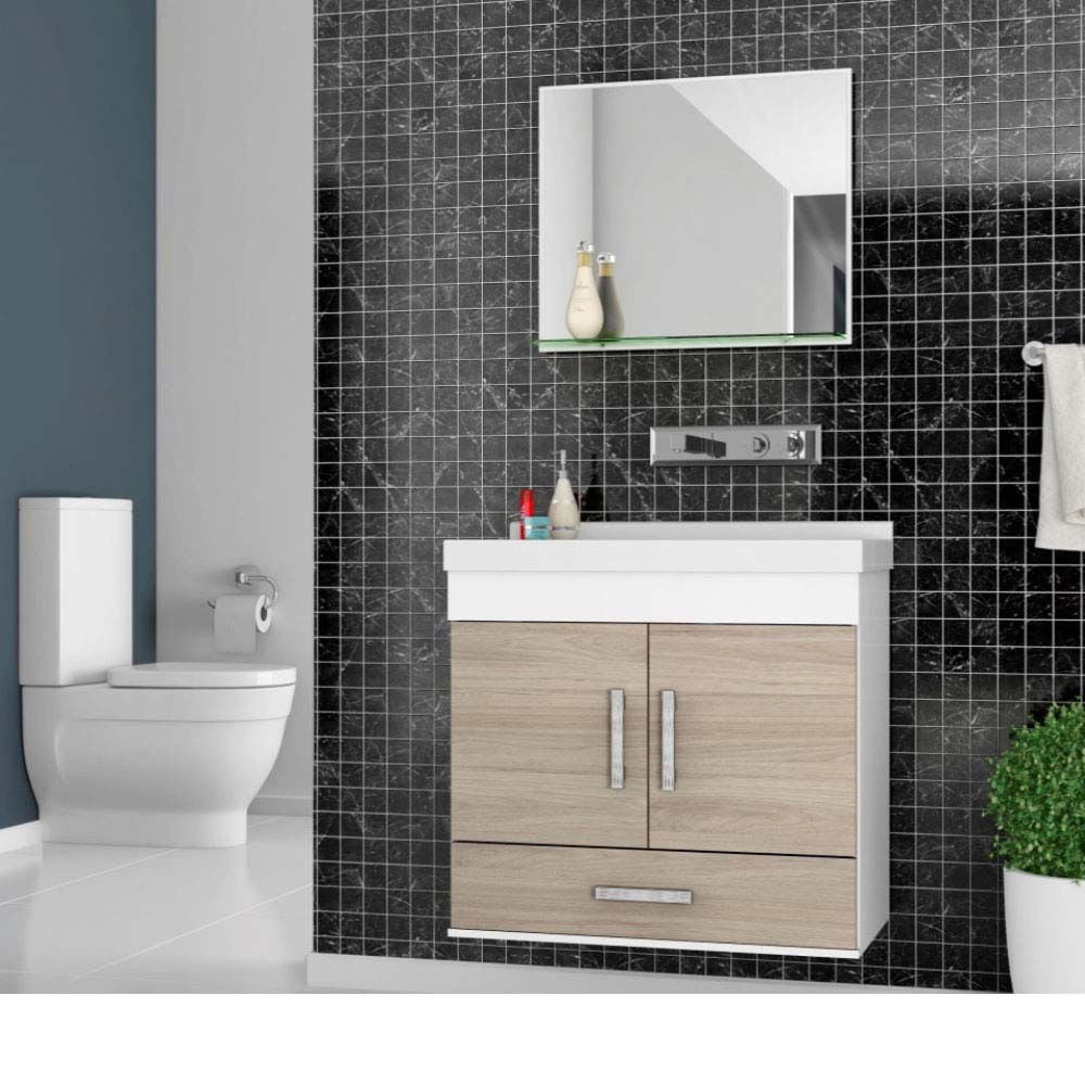 Aprenda como escolher o gabinete de banheiro ideal 14 Gabinete para banheiro Betria 625x31x63cm com lavatorio e espelheira berlim Cerocha